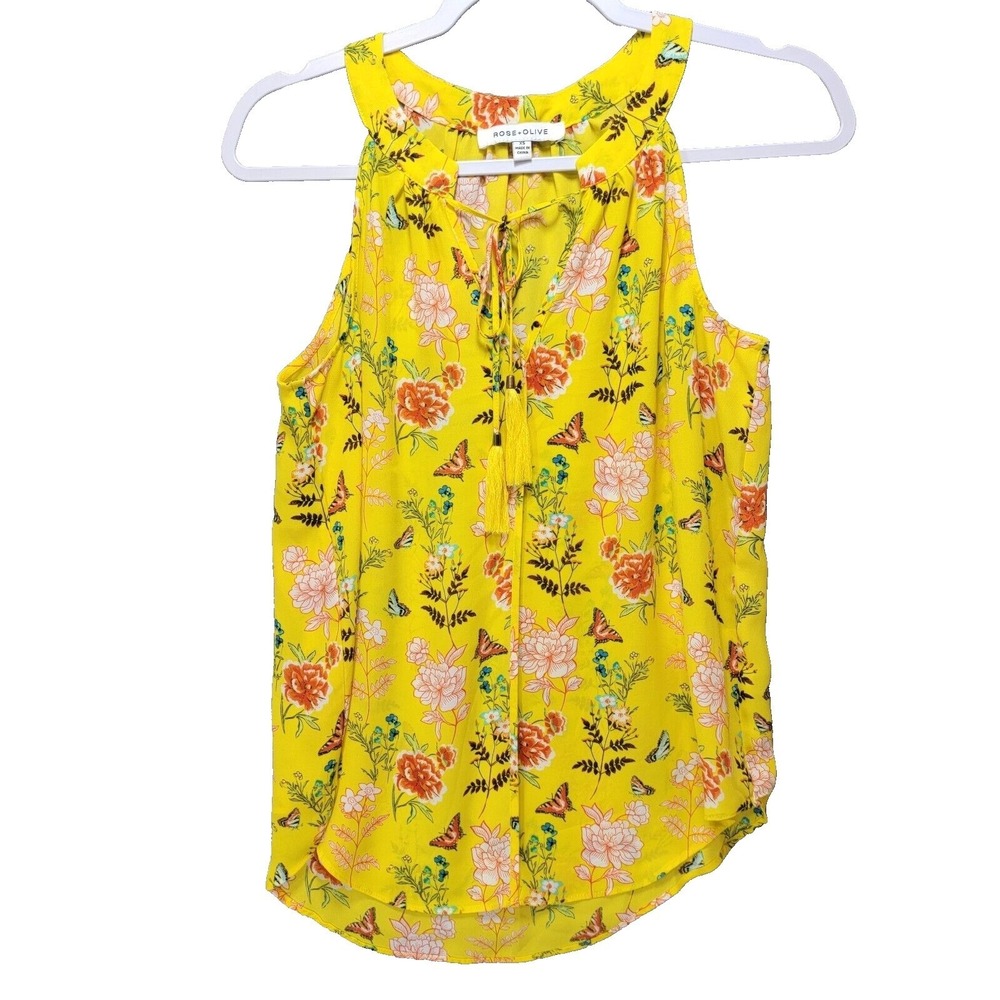 Rose and Olive Blouse Womens XS Boho Yellow Floral Sleeveless Tassel Butterfly